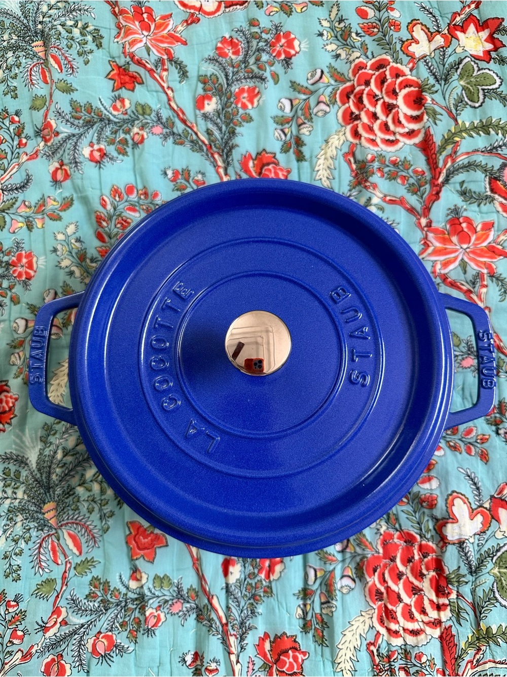 Brand New Staub Round Cast Iron Dutch Oven in Blue with Brass Knob